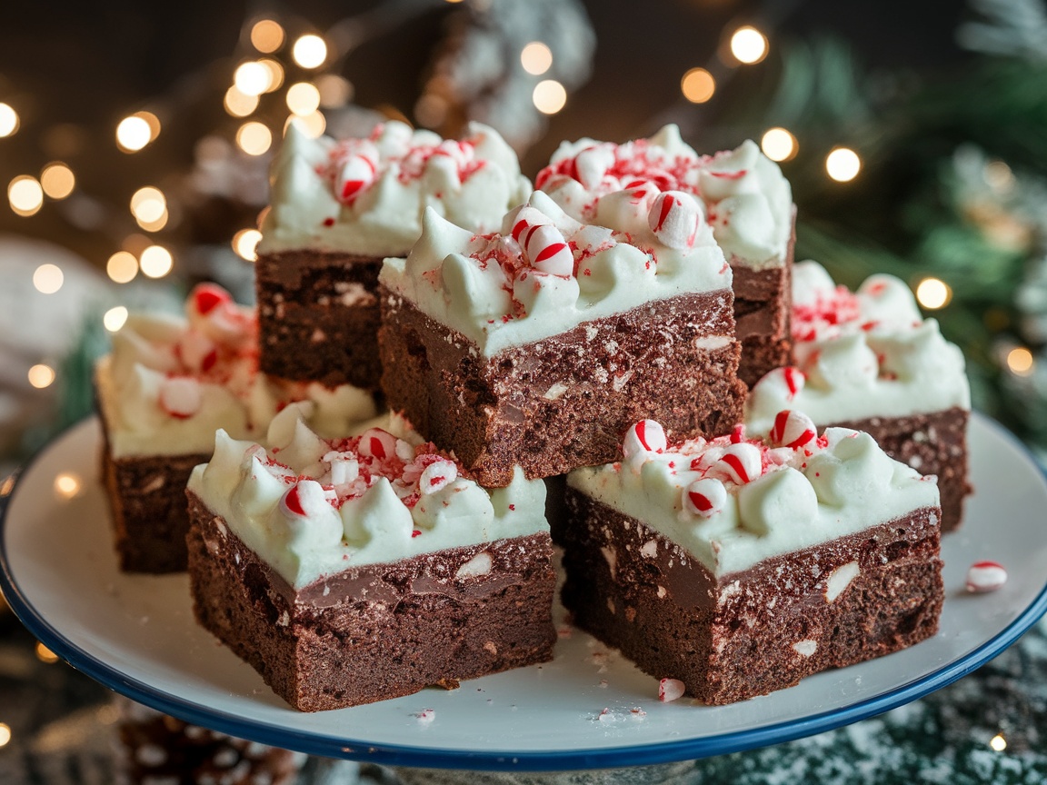 Decadent chocolate peppermint brownies with buttercream frosting and candy cane garnish on a festive plate.